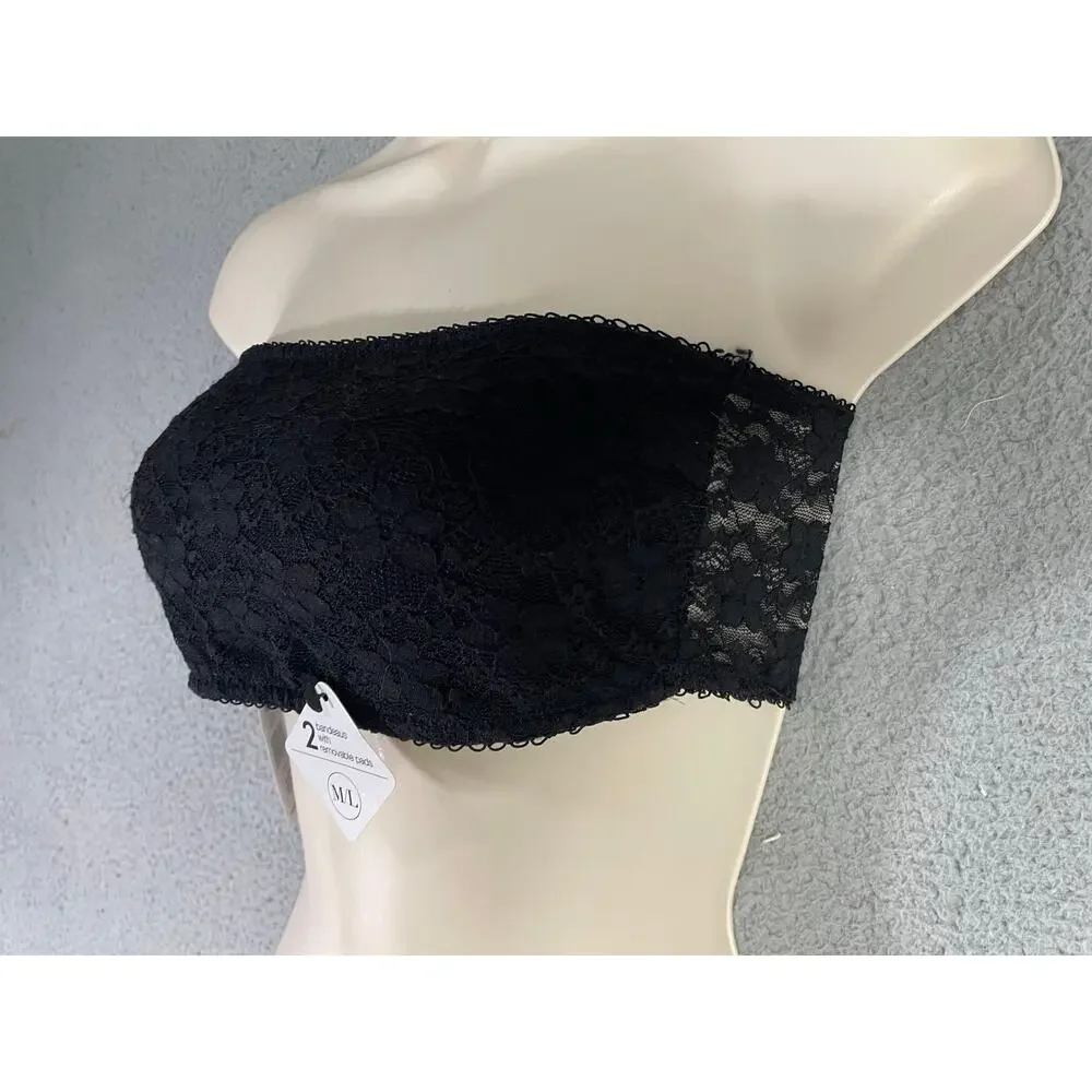 Rene Rofe Black Lace Bandeau Bra‎ M/L Strapless Bralette Removable Pads NWT - Picture 6 of 12
